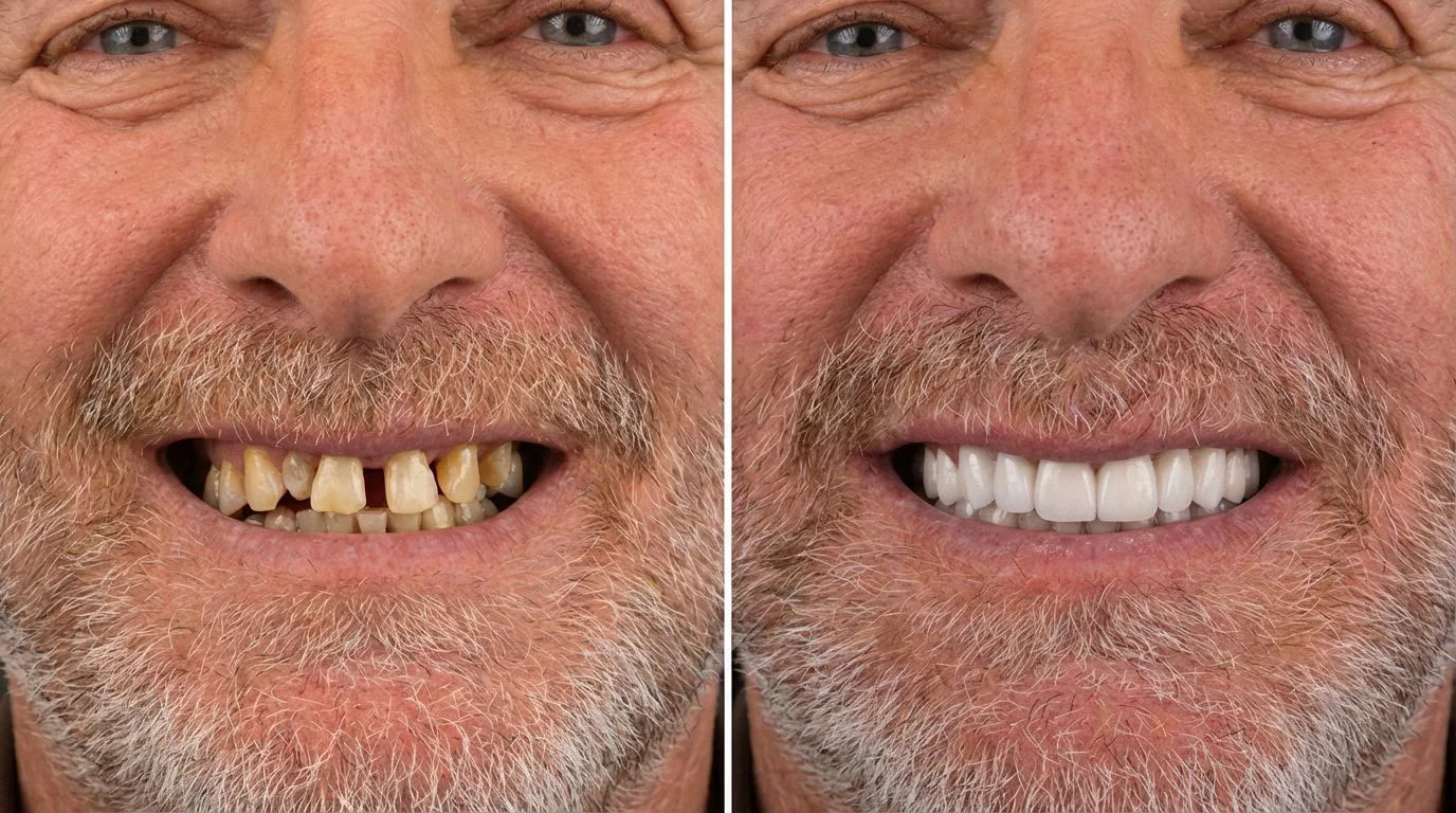 Tam ağız rehabilitasyonu öncesi ve sonrası — 22 IPS e.max seramik kron, Straumann implant ve zirkonyum implant üstü kron, GC Clinic Nişantaşı gerçek vaka